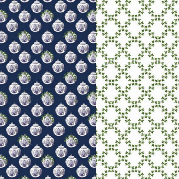 Reversible Navy Ginger Jar and Green Trellis Gift Wrap for wholesale by The Enchanted Home