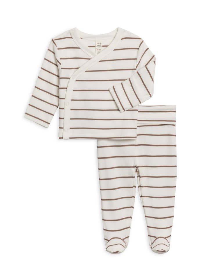 Colored Organics - Wholesale Top & Pant Set - Baby - Organic Riley Kimono Wrap Top and Pant Set-Kade Stripe/Taupe
