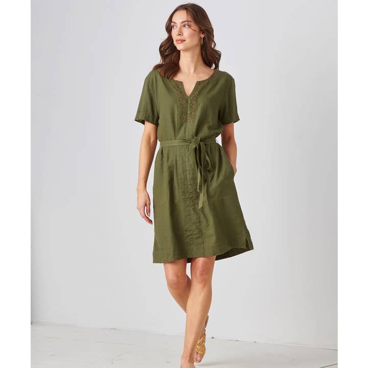 Embroidered Fabric Linen Blend Shirt Dress, Olive for wholesale by Charlie Paige