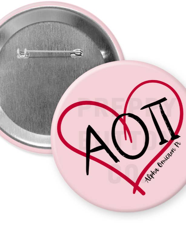 Alpha Omicron Pi Heart Button for wholesale by Preppy Button Co. LLC.