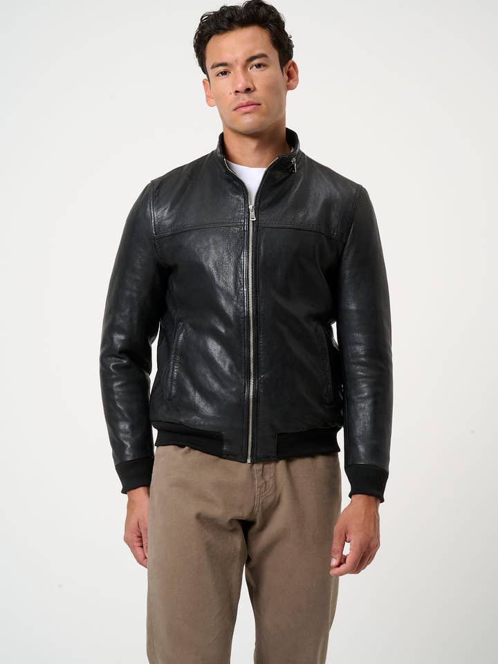 black Men's Leather Jacket Marlon - Blouson Style - Buffalo Nappa Leather for wholesale on Faire1
