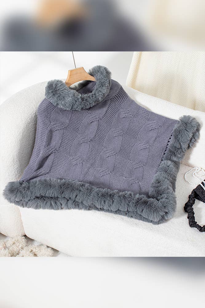 UNISHE - Wholesale Cape - Women's - Faux Fur Collar Chunky Cable Knit Sweater Cape MMY22510