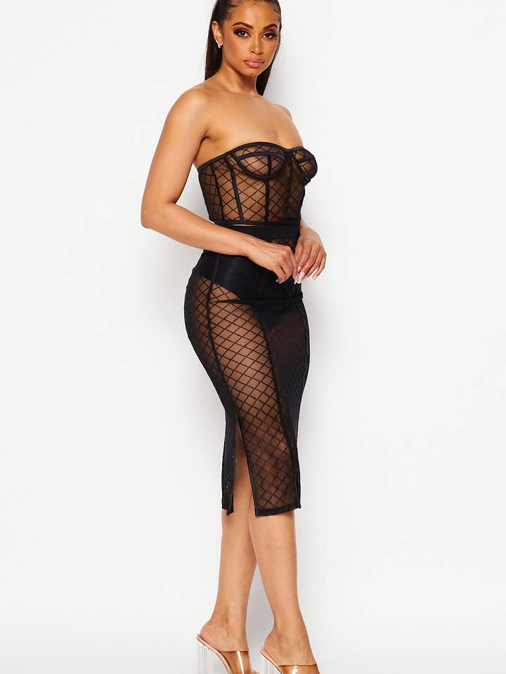 Diamond mesh corset and midi skirt set for wholesale by N1