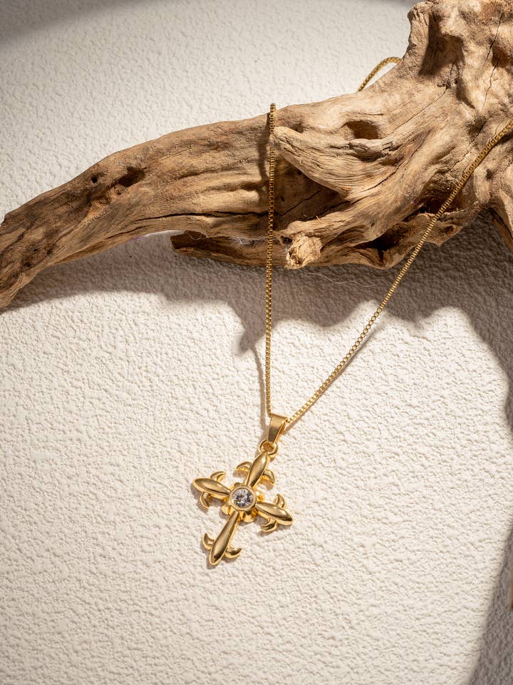 Stainless Steel Necklace With Cross Pendant and Rhinestones for wholesale by COSMOS