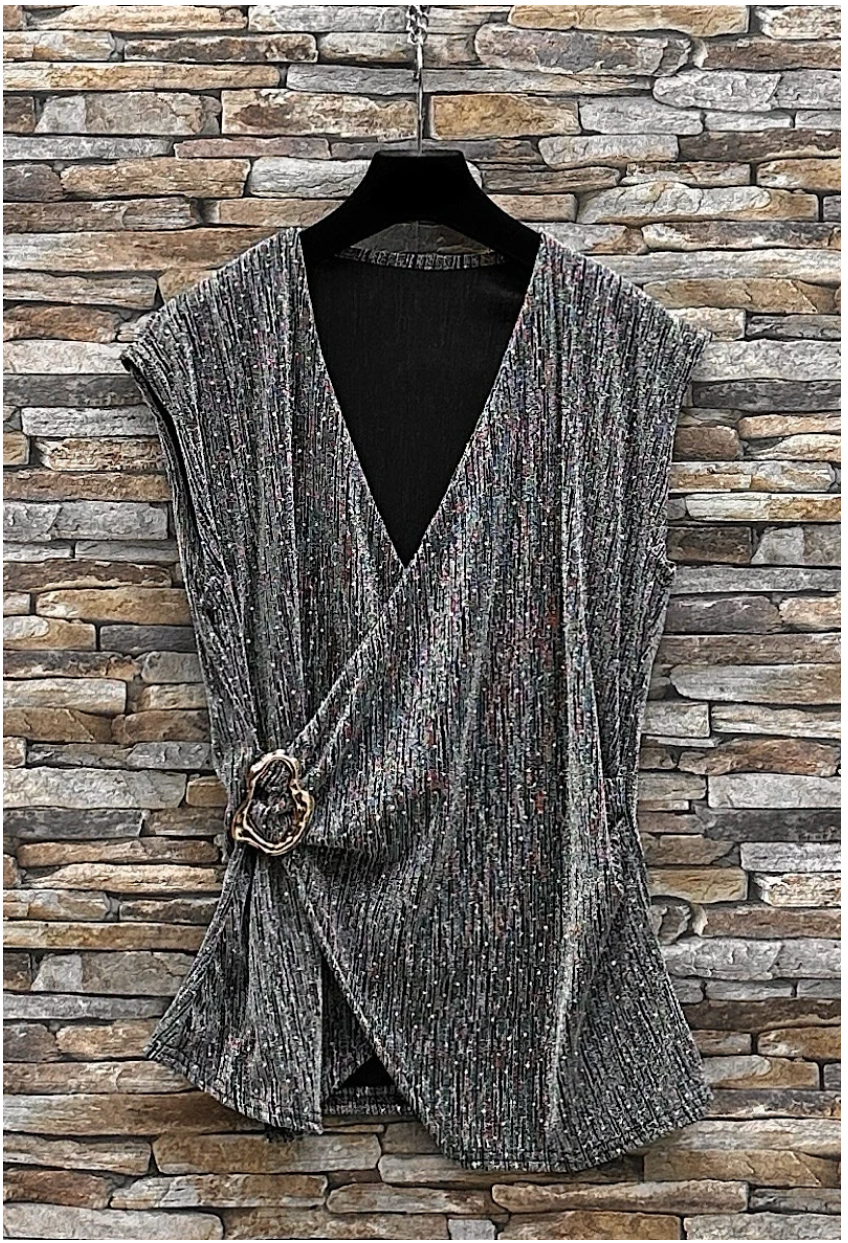 LOOWIE - Wholesale Blouse - Women's - ELBLSMP Italian Silver Metallic Pleated Wrap Blouse LOOWIE1