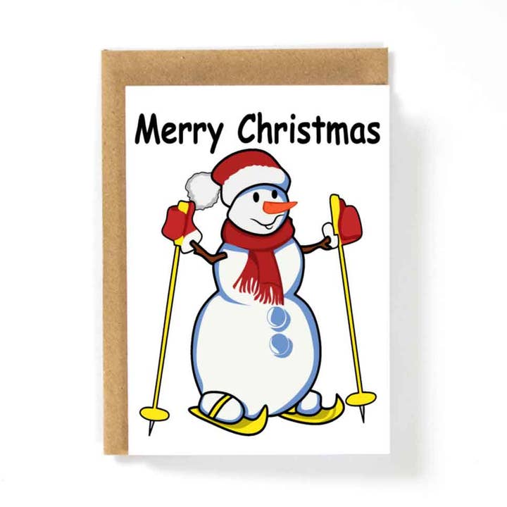 Snowman Skiing Merry Christmas Card for wholesale by HotAvocado.com