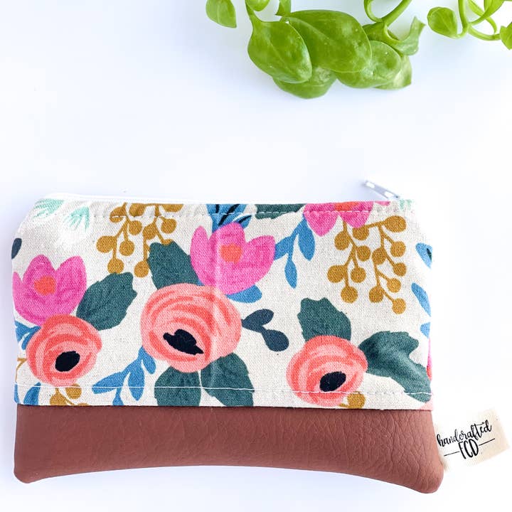 Coin purse in tan rifle paper floral for wholesale by Handcrafted FCD