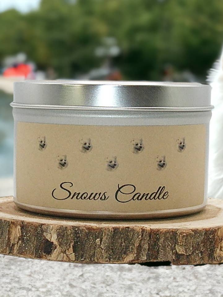Snows Soy Candle 6 ounce Tin - HoneySuckle Jasmine for wholesale by Wixed Paw Candle Company LLC.