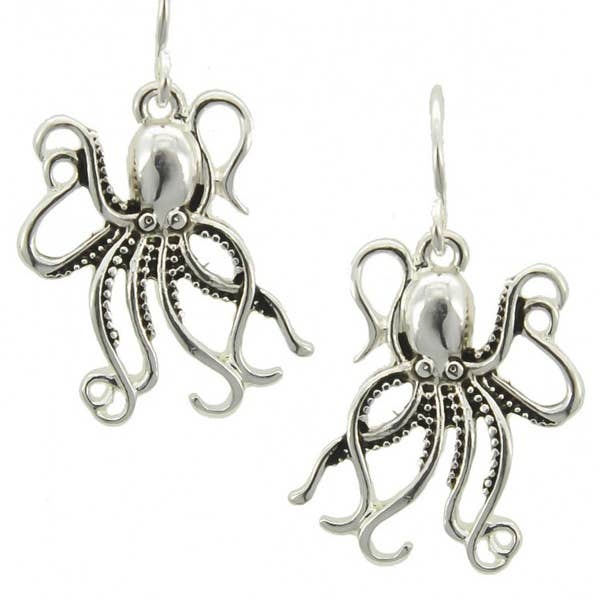 0011 PREMIERE - Wholesale Dangle Earrings - FR2523 Antique Silver Nautical Octopus Metal Dangle Earrings