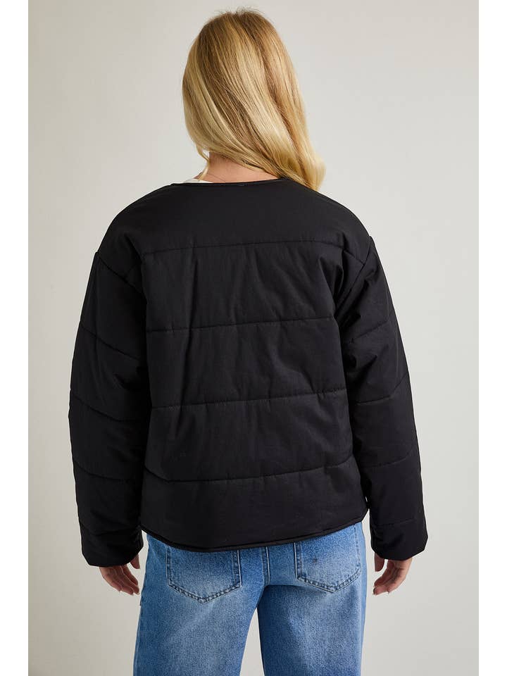 Black PUFFER JACKET WITH RIBBON TIE ON THE FRONT for wholesale on Faire3