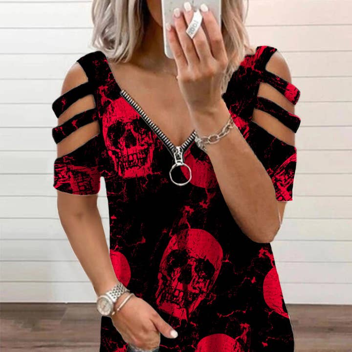 Gotisk röd dödskalletryck T-shirt för wholesale av Tourtiwi