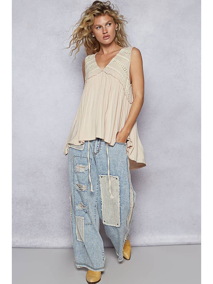 Pol Clothing - Wholesale Knit Top - Women's - Sleeveless loose fit v-neck babydoll casual knit top SALE