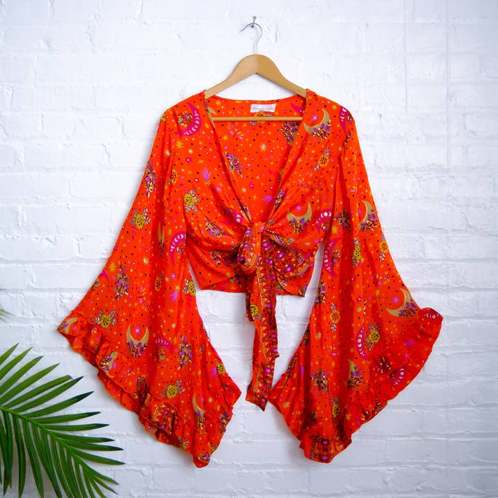 Karma Nepal Crafts - Wholesale Blouse - Dames - Hemelse wikkeltop met ronde mouwen en ruches in Boheemse stijl5
