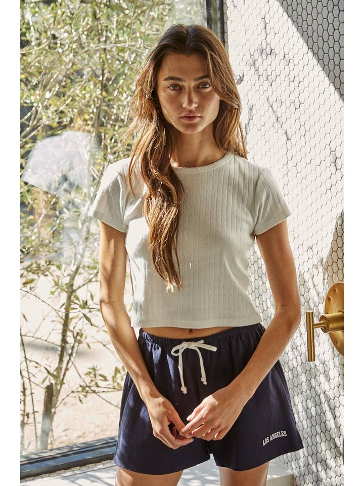 Navy L8475 | Knit Cotton Print Detail Wide Leg Shorts for wholesale on Faire
