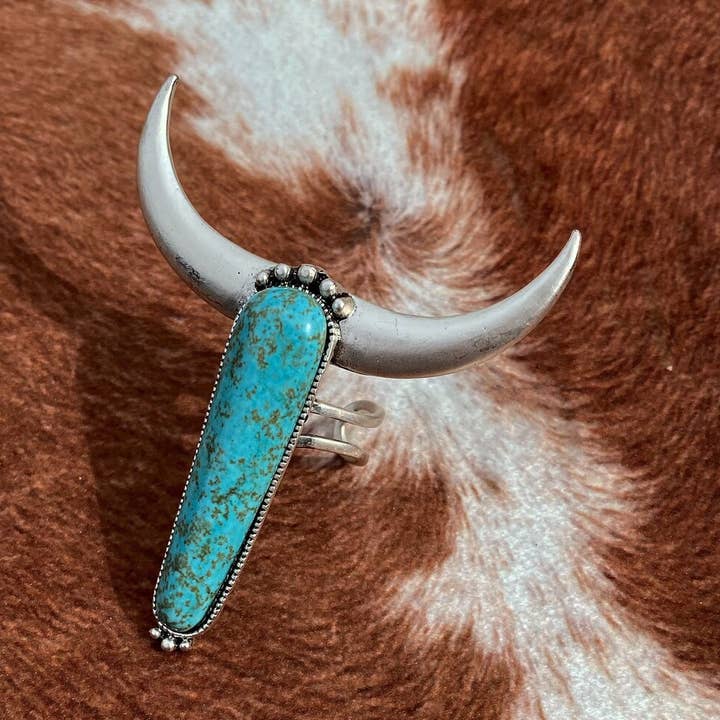 Bague Western Pierre Longhorn Turquoise pour la vente par Ranchy Roan Boutique