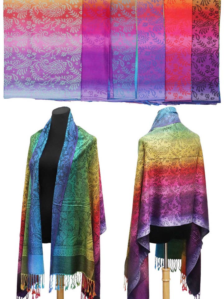 Rainbow Ombre Paisley Vineyard Pashmina Shawl for wholesale by Cap Zone