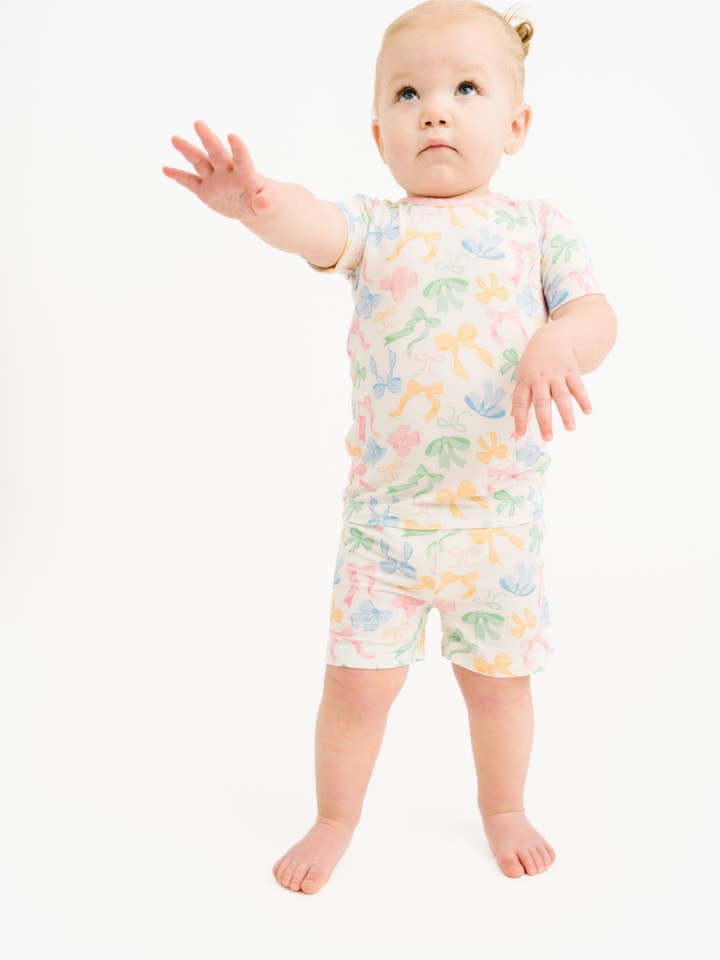 Little One Shop - Wholesale Top & Short Set - Kids - Pastel Bow Bamboo Shorts Set