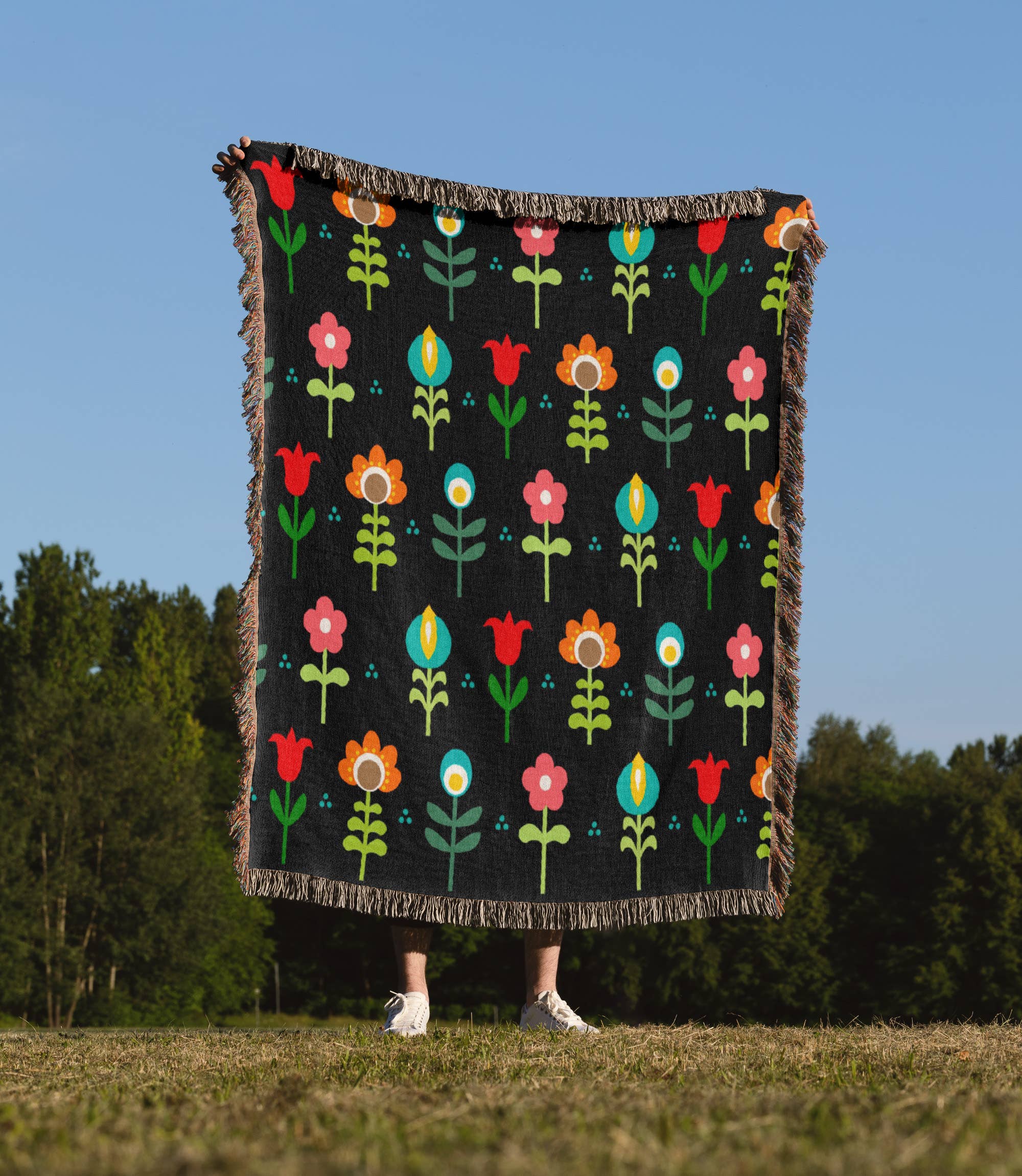 3dRose - Wholesale Throw Blanket - 3dRose, Retro floral pattern - Scandinavian colorful flowers on modern black - Swedish traditional flower, Blanket1