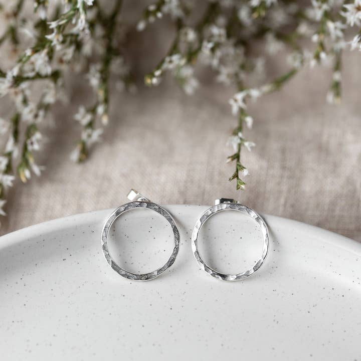 Large Hammered Circle Silver Studs for wholesale by Anna Calvert Jewellery