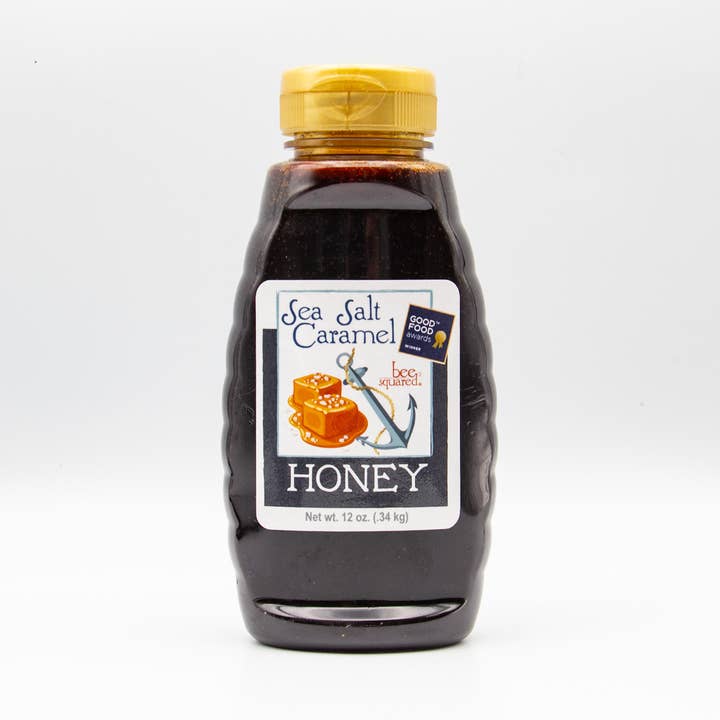 12 oz. Squeeze Bottle - Sea Salt Caramel Honey for wholesale by Bee Squared Apiaries