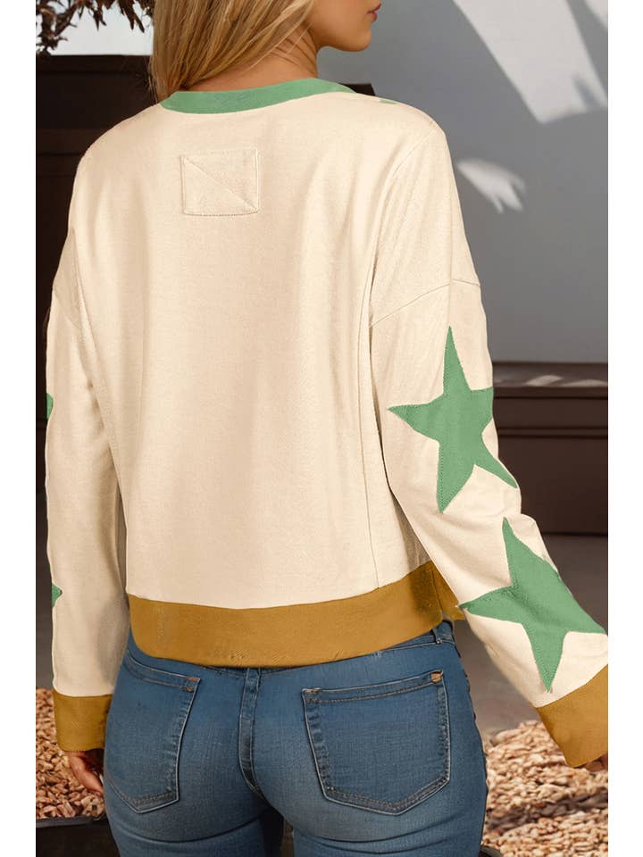 66DISCO - Wholesale Sweatshirt - Women's - Star Print Long Sleeve Patchwork Oversized Sweatshirt (S-XL)