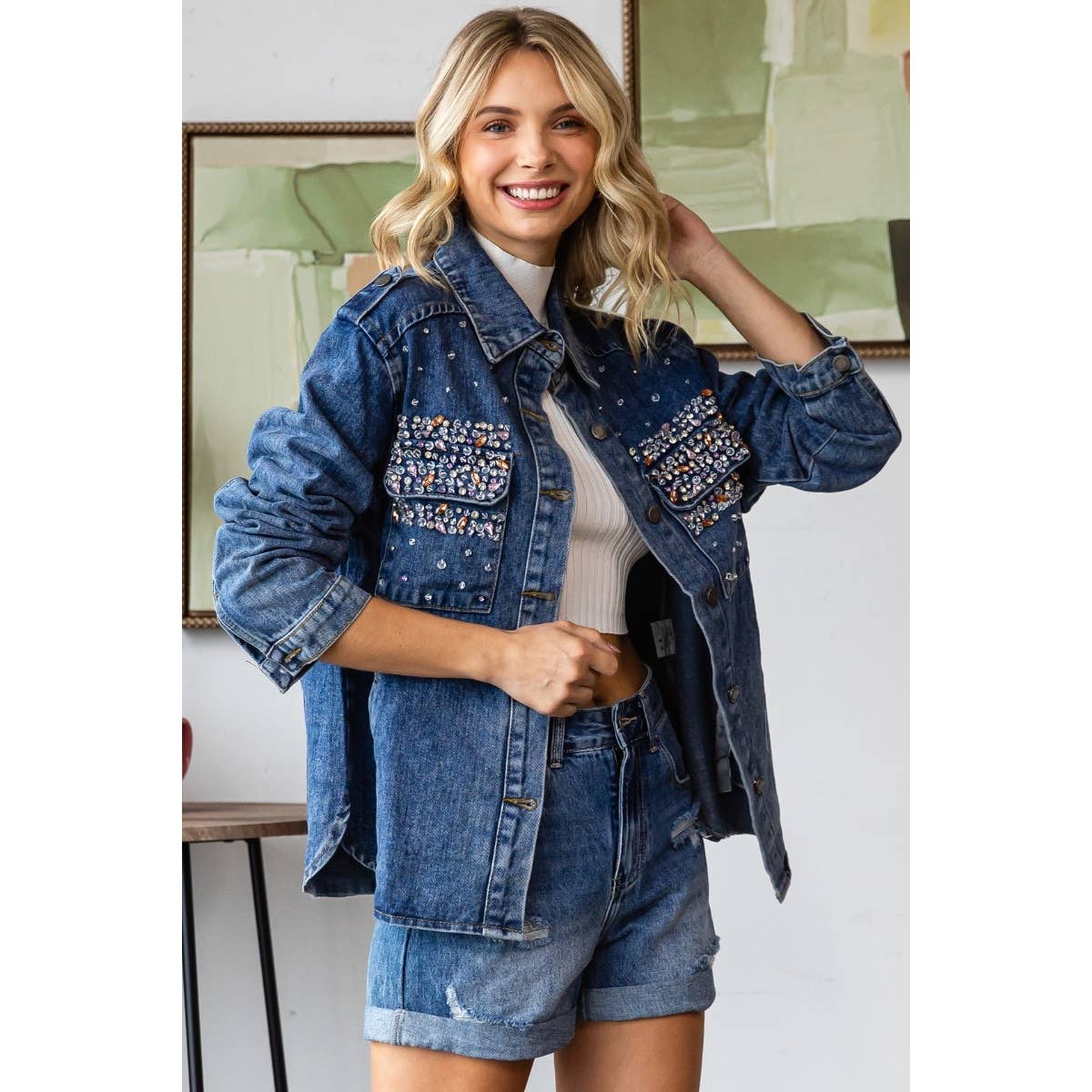 Color Rhinestone Denim Shacket  for wholesale on Faire1