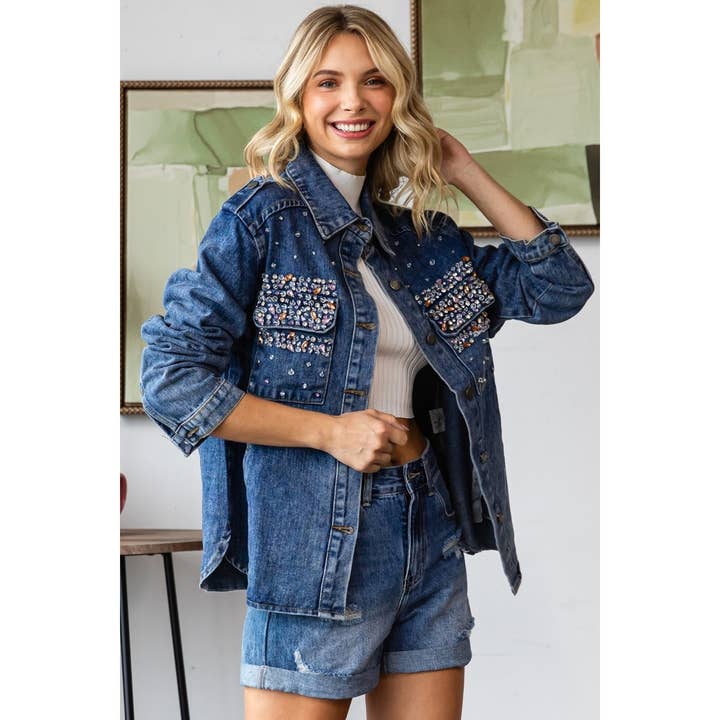 Color Rhinestone Denim Shacket for wholesale on Faire1
