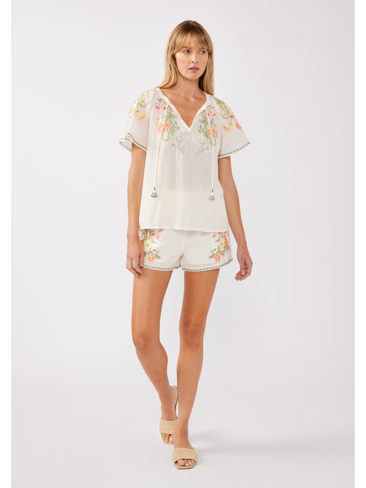 Cream Coral Floral Embroidery Split Neck Short Sleeve Top for wholesale on Faire