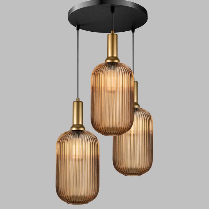 Eclipse Lighting - Wholesale Chandelier/Hanging Light - XL Amber Ribbed Glass Multi Pendant Light for Stairs, Mid-Century Modern Custom made Chandelier Light for Architects and Interior Designers2