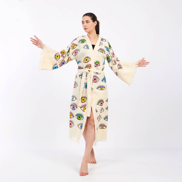 Yaz Concepts - Wholesale Kimono - Dames - Turkse badjas met kleurrijk oogmotief, festival kimono kaftan9