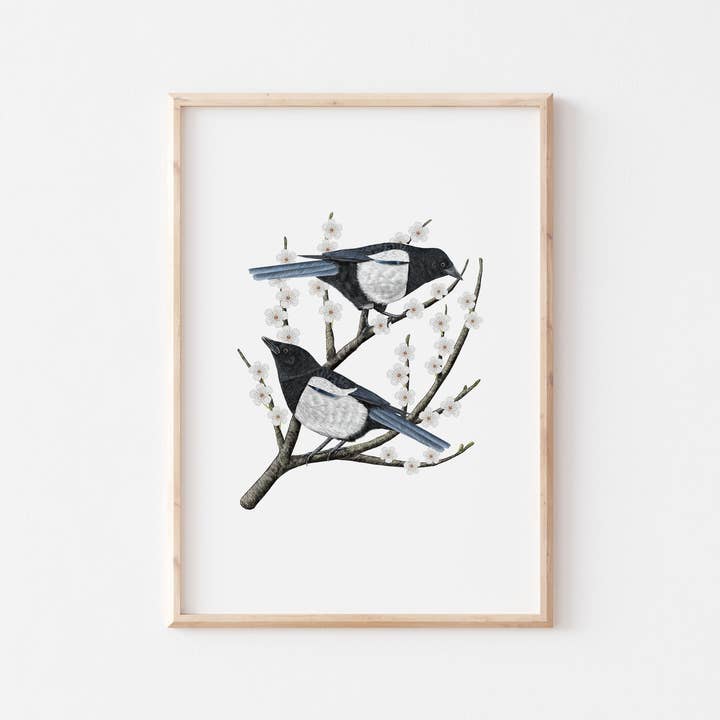 Magpies Art Print, Bird Illustration, Botanical Print for wholesale by Rhian Davie Illustration