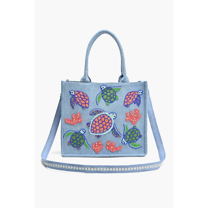 America & Beyond - Wholesale Tote Bag - Women's - Beaded Denim Critter Shopper-Totally Turtle