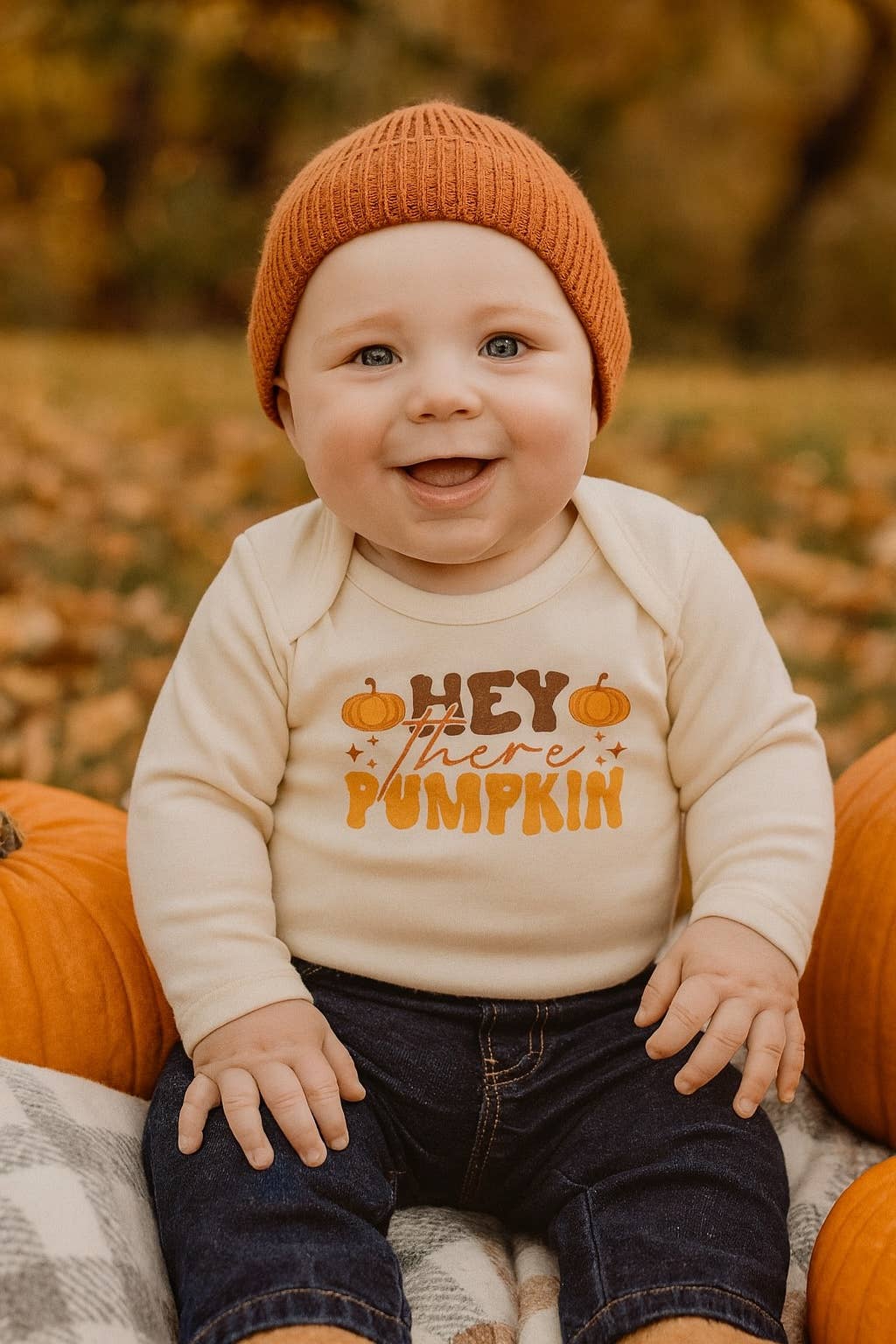 Default Fall graphic organic onesie| hey there pumpkin (long sleeve) for wholesale on Faire1