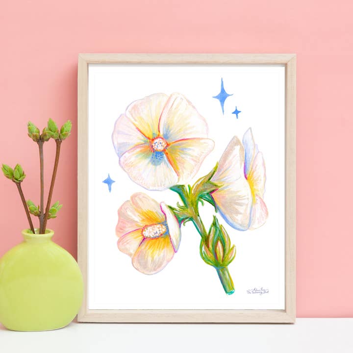 Impression d'art de roses trémières pour la vente par The Swimming Owl