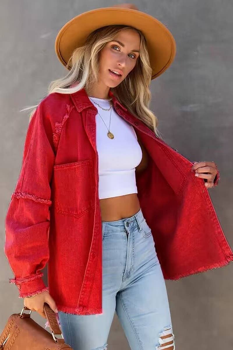 Lily Clothing - Wholesale Jacket - Women's - Loose raw edge patchwork pocket denim shirt jacket9