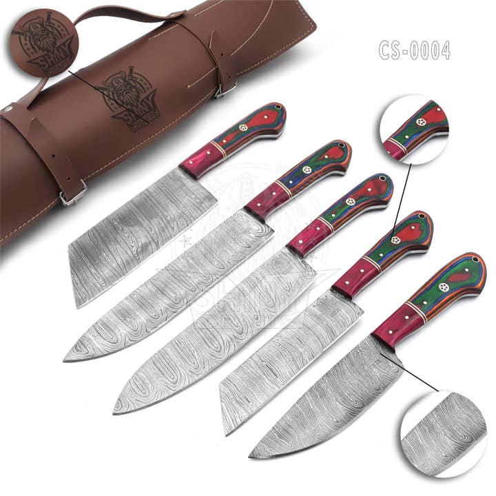 Handmade Damascus Kitchen Knife Set with wood handle and Damascus Steel Blade, Chef’s Knives set with Leather Pouch Roll and High Tempered Razor-Sharp Blade (CS-04) for wholesale by SHINY CRAFTS