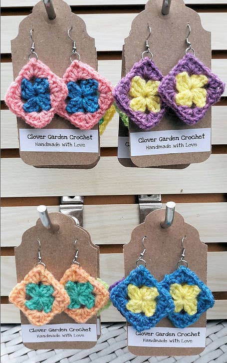 Clover Garden Crafts - Wholesale Dangle Earrings - Crochet Granny Square Drop Earrings Bright Summer Colors1