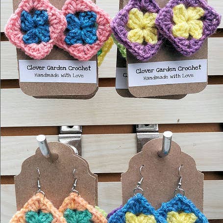Clover Garden Crafts - Wholesale Dangle Earrings - Crochet Granny Square Drop Earrings Bright Summer Colors1