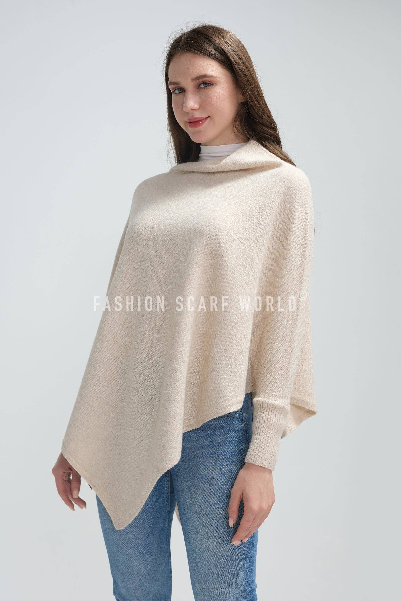 Fashion Scarf World – wholesale Poncho – Women's – Plain Cuffed Diagonal Drape Wool Poncho18