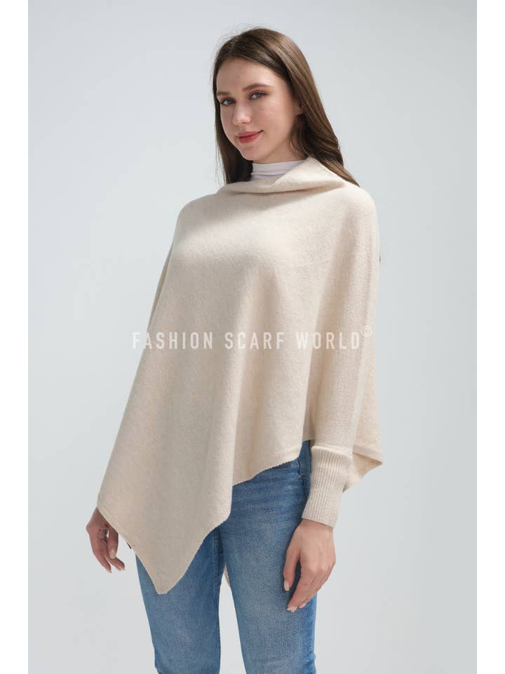 Fashion Scarf World – wholesale Poncho – Women's – Plain Cuffed Diagonal Drape Wool Poncho18