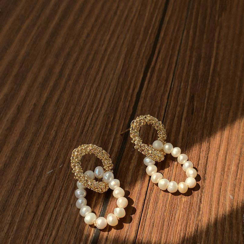 Revelari - Wholesale Hoop Earrings - Gold Woven & Pearl Double Hoop Earrings0