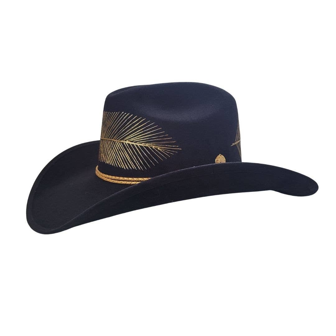 PETRA SAVAGE - Wholesale Cowboy Hat - Women's - Kylin Black Suede Cowboy Hat with Gold Feather Embroidery0