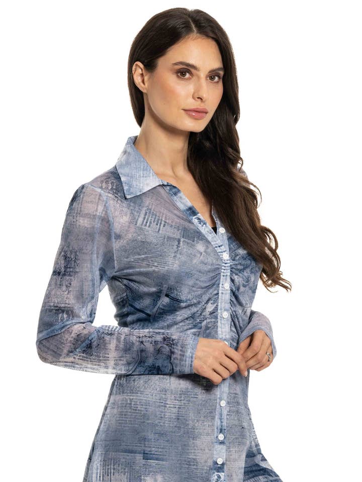 A209-B - Top a Rete Blu con Bottoni per la vendita all'ingrosso da parte di Adore