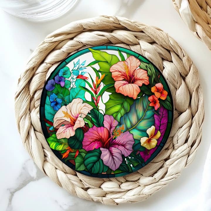 Dessous de verre en céramique Hibiscus : Décoration florale tropicale pour la maison pour la vente par Fernville Creations