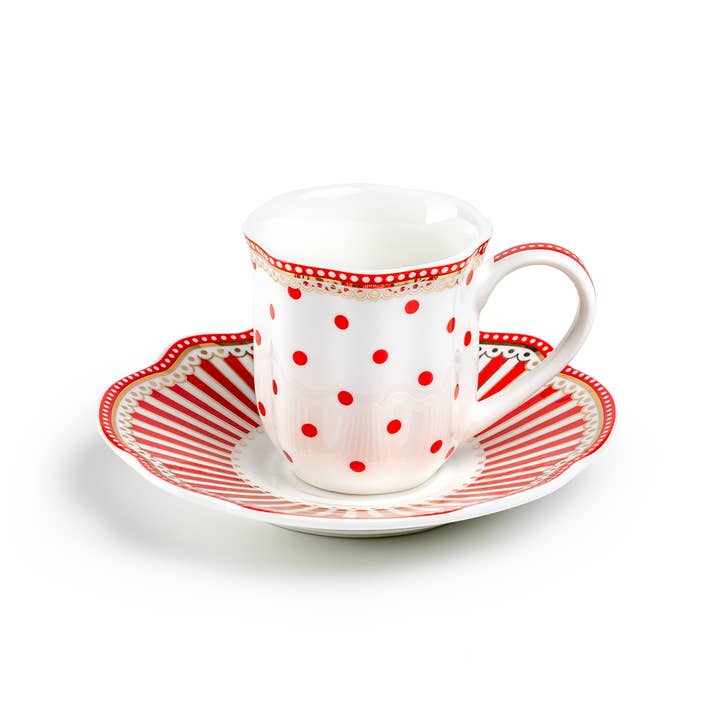 Grace Teaware - Wholesale Coffee/Tea Cup - Red Josephine Stripes and Dots 2oz Espresso Cups and Saucers5