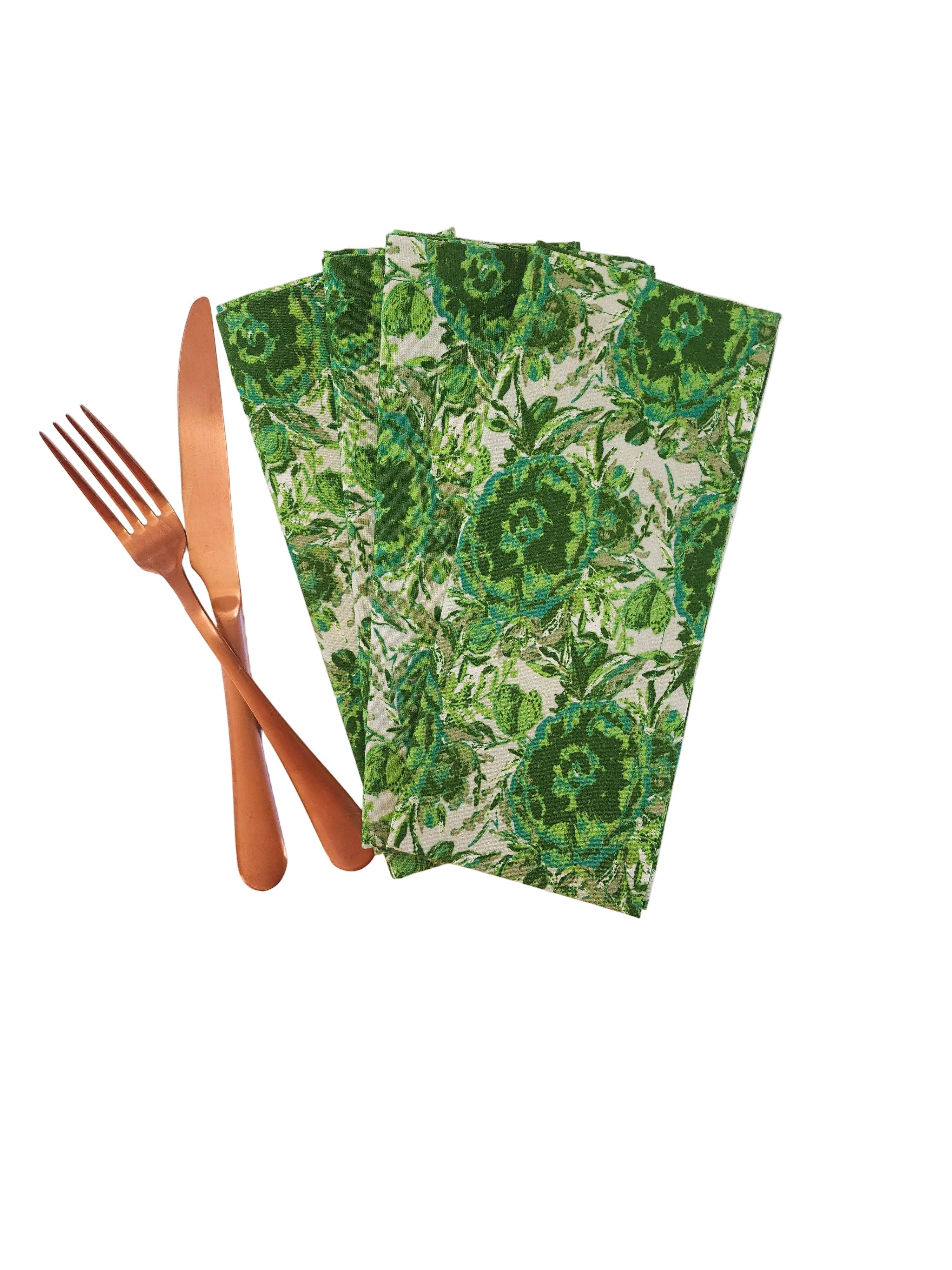 90 West Linen Co. - Wholesale Dinner & Cloth Napkin - Maximalist Green Floral Cloth Napkins, Set of 44