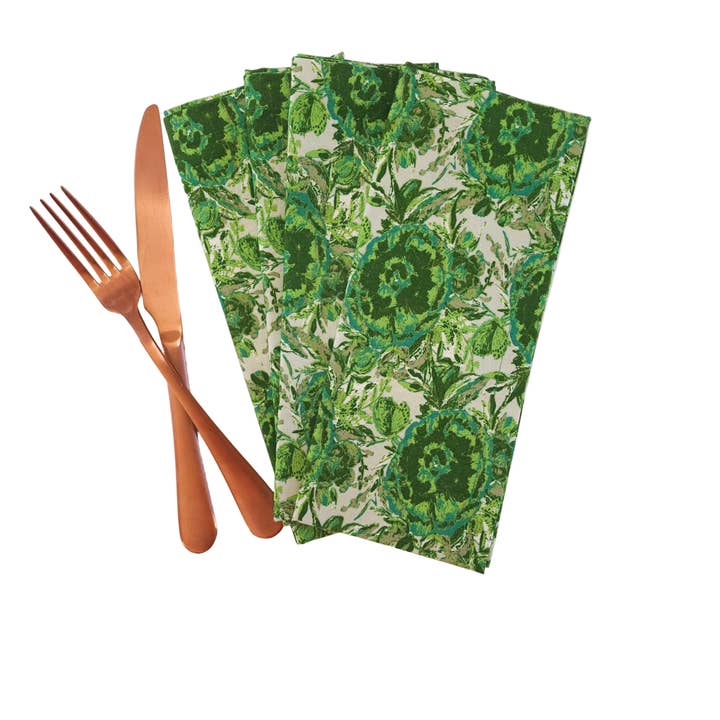 90 West Linen Co. - Wholesale Dinner & Cloth Napkin - Maximalist Green Floral Cloth Napkins, Set of 44