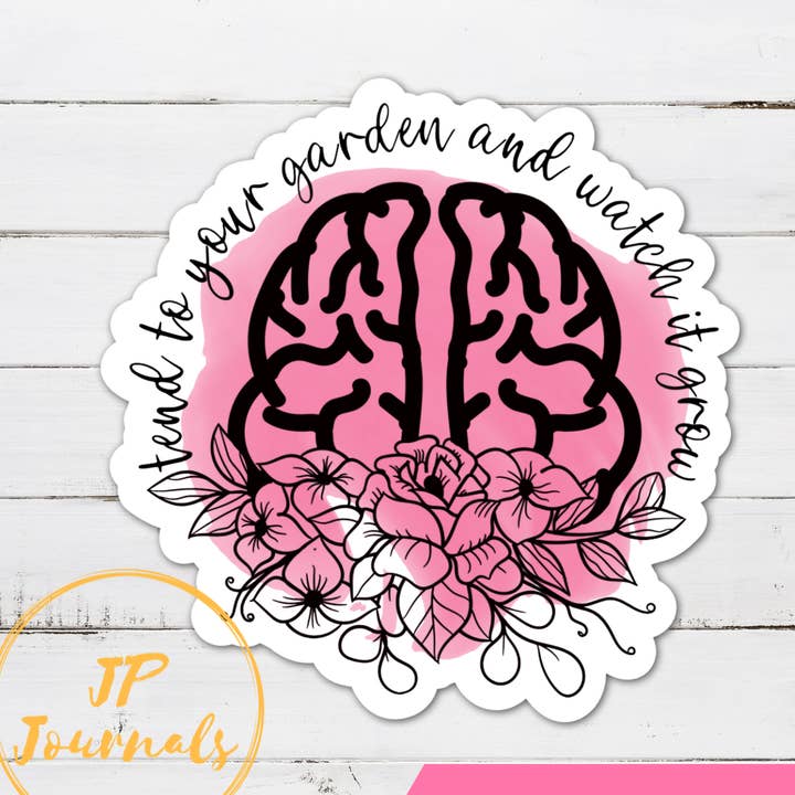 Autocollant de 7,6 cm avec inscription « Mental Love Brain », inscription « Happy Mantra », motif floral pour la vente par JP Designs