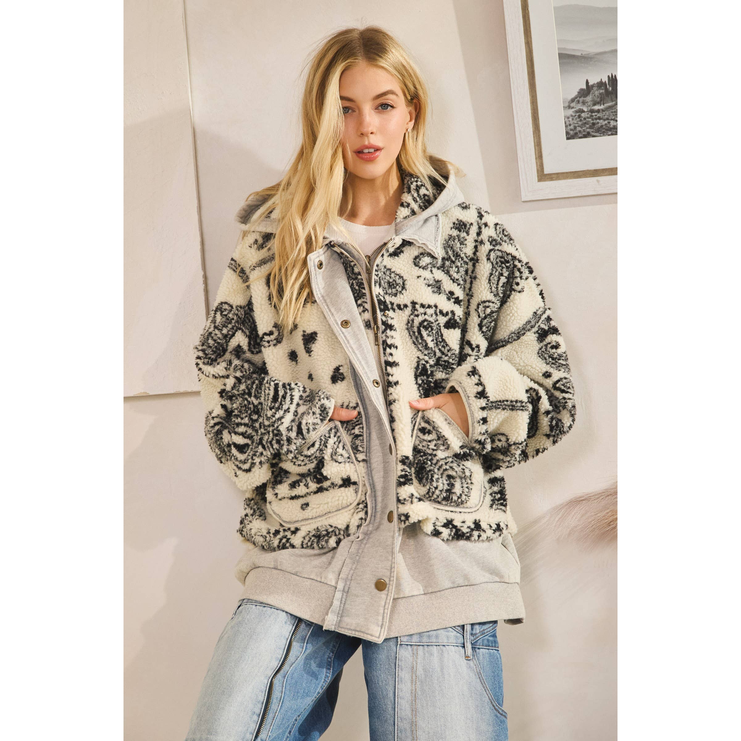 GREY CREAM TERRY FLEECE MIX ZIP FRONT JACKET for wholesale on Faire2