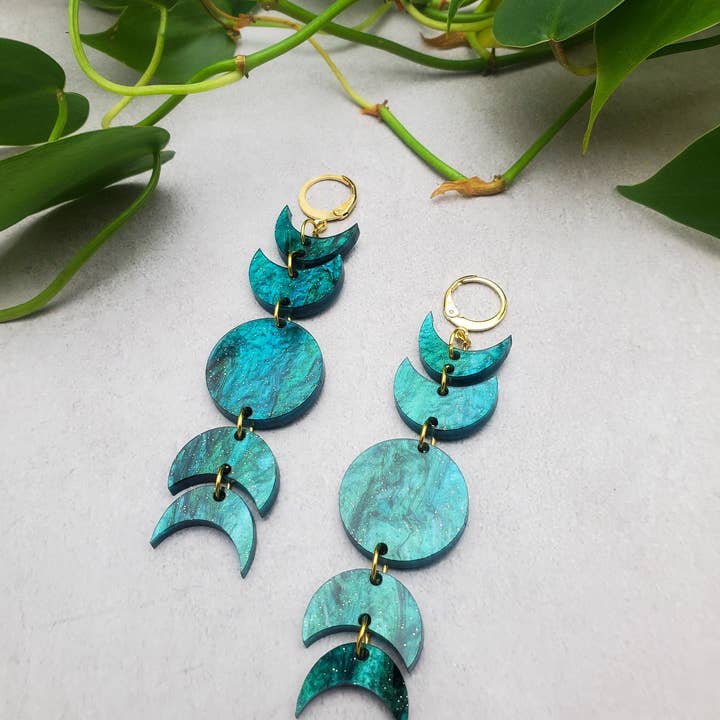 Moon Phase Dangle Earrings | Lunar Phase Earrings on Huggie Hoops | Iridescent Earrings for wholesale by Quirky Bird